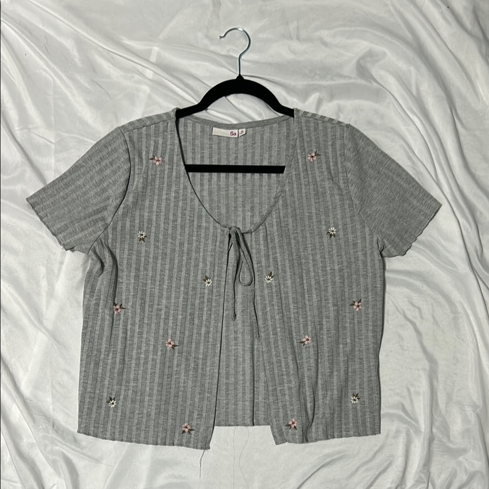 Gray Striped Top with Floral Embroidery